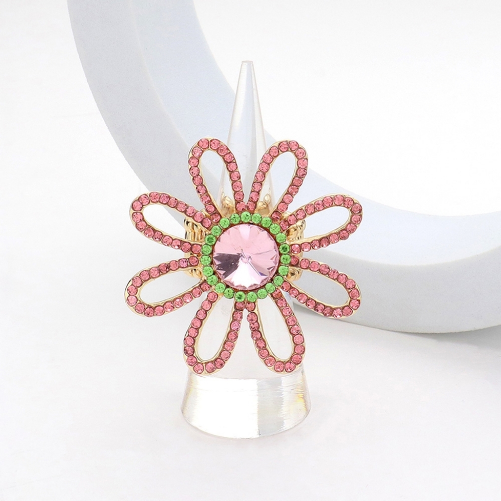 Pink and Green Stretch Rhinestone Crystal Flower Fashion Ring Finger Adjustable